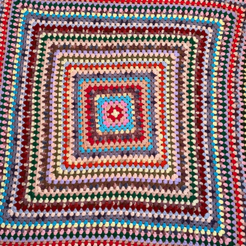 Vintage Handmade Granny‎ Square Crochet Blanket Multi Color Throw Cottage Boho